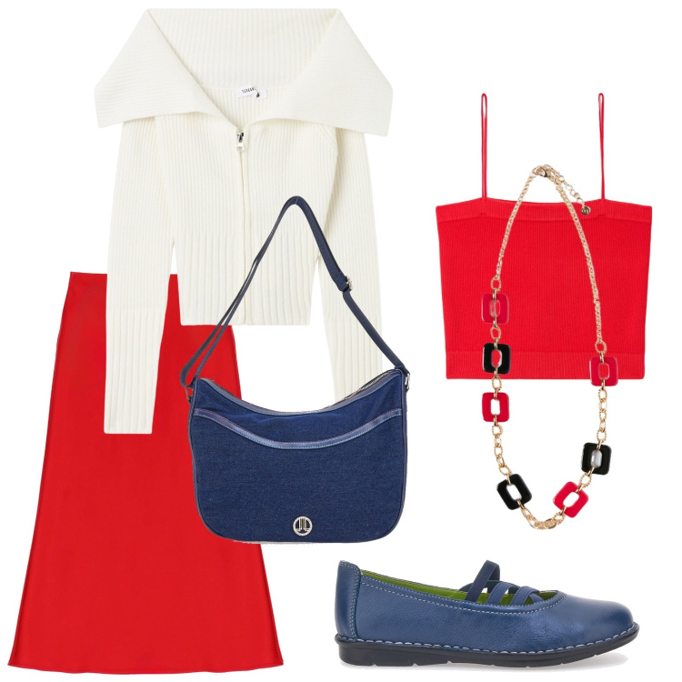 Outfit donna - Rosso energetico. Stile Minimal per Tutti i giorni. look ideale per Petite. Abbinamento con top, cardigans, gonne longuette, ciondoli, ballerine, borse a tracolla.