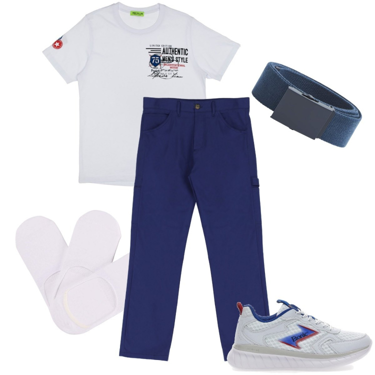 Outfit uomo - I pantaloni blu elettrico. Stile Urban per Tutti i giorni. Abbinamento con cinture, calzini, pantaloni, t-shirt, sneakers.