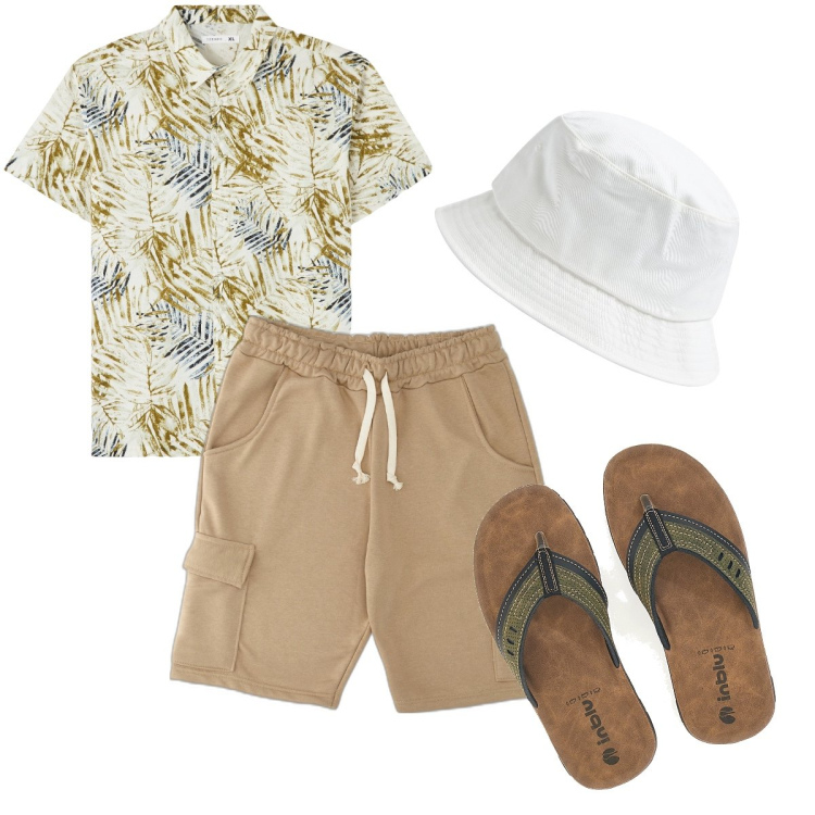 Outfit uomo - Sotto il sole..sotto il sole. Stile Trendy per Mare. Abbinamento con camicie a manica corta, cappelli, sandali, pantaloni.
