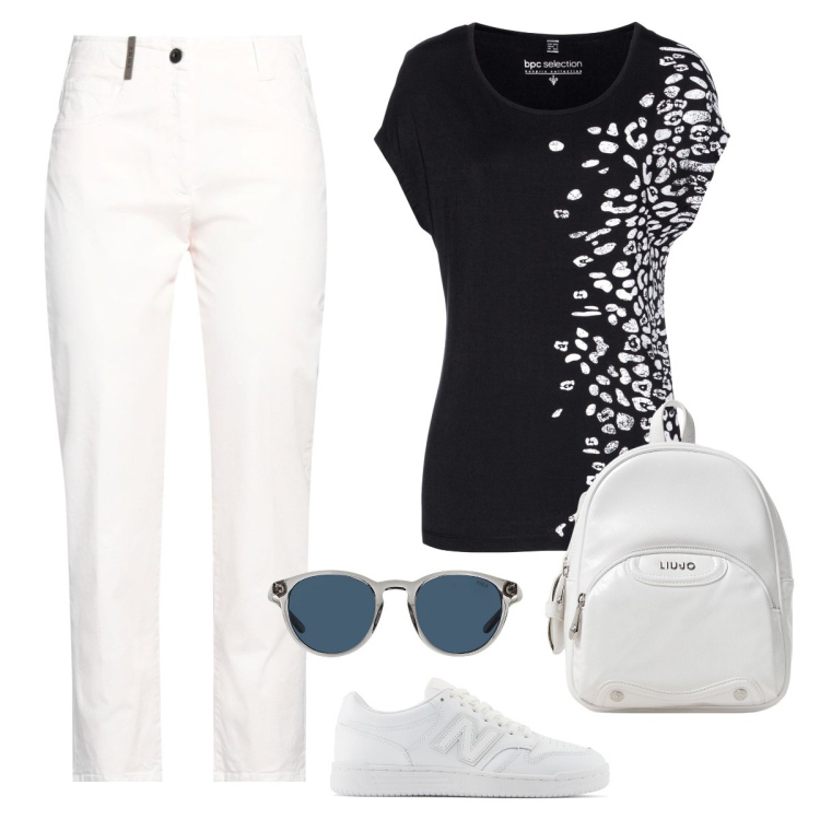 Outfit donna - Bianco e nero. Stile Casual per Tutti i giorni. Abbinamento con t-shirt, pantaloni, sneakers, occhiali da sole, zaini.