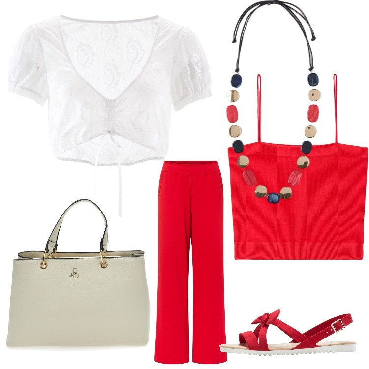 Outfit donna - Fragole con panna. Stile Boho per Tutti i giorni. Abbinamento con camicie, pantaloni a palazzo, sandali, top, borse a mano, collane.