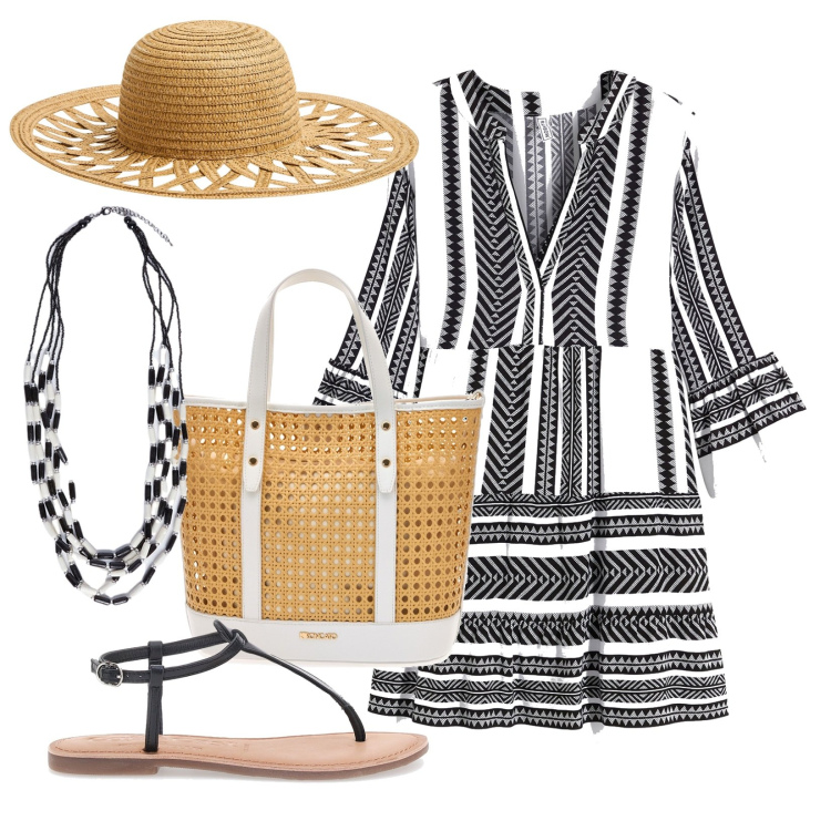 Outfit donna - Mood etnico. Stile Boho per Tutti i giorni. Abbinamento con vestiti corti, cappelli, ciabatte, borse a spalla, collane.