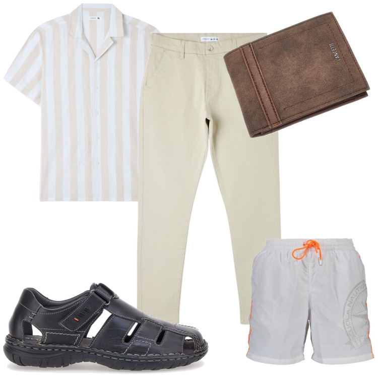 Outfit uomo - Una camicia a righe in vacanza. Stile Trendy per Mare. Abbinamento con pantaloni skinny, camicie a manica corta, costumi, portafogli, scarpe stringate.