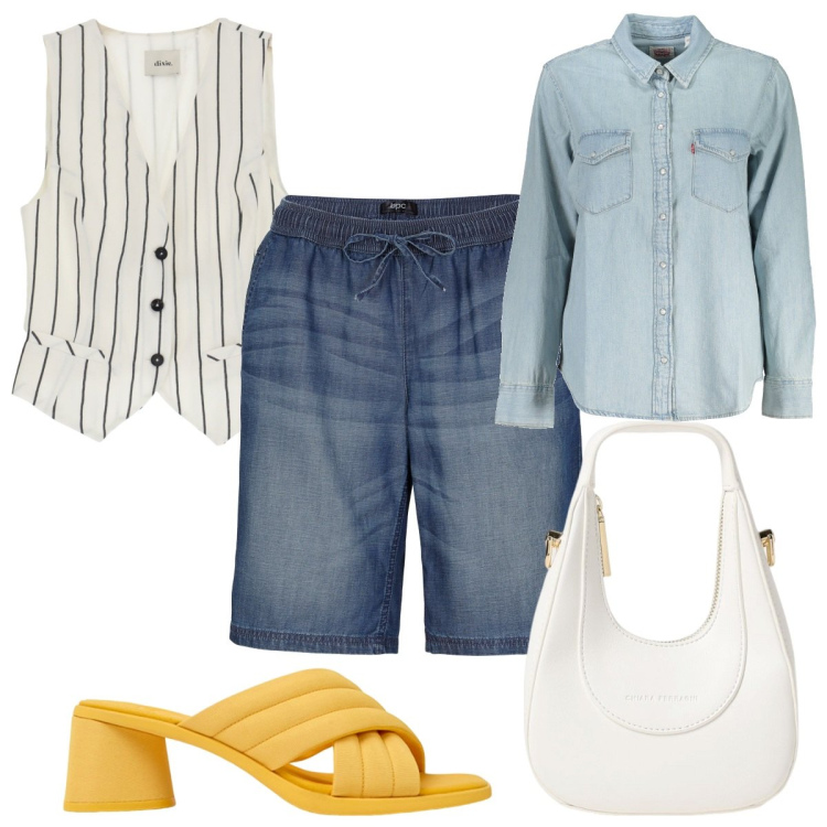 Outfit donna - Total look #1941805. Stile Trendy per Tutti i giorni. Abbinamento con bermuda, gilet, sandali in pelle, camicie, borse a mano.
