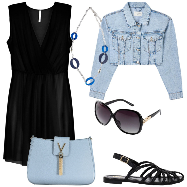 Outfit donna - In città. Stile Casual per Tutti i giorni. Abbinamento con occhiali da sole, blazer, vestiti corti, sandali, ciondoli, borse a spalla.