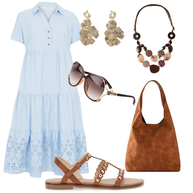 Outfit donna - Spensieratezza. Stile Boho per Tutti i giorni. Abbinamento con vestiti, occhiali da sole, shopping bag, orecchini, sandali, collane.