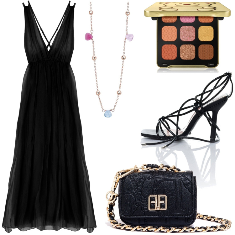 Outfit donna - Party elegante. Stile Chic per Serata fuori. Abbinamento con ombretti, collane, sandali alla schiava, marsupi, vestiti lunghi.