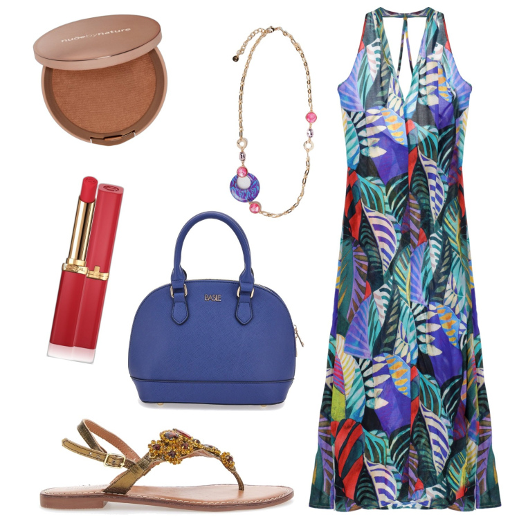Outfit donna - Serata in riviera. Stile Glamour per Serata fuori. Abbinamento con rossetti, ciprie, vestiti lunghi, ciondoli, borse a mano, sandali gioiello.