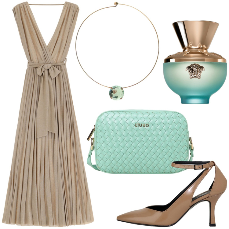 Outfit donna - Charme. Stile Glamour per Cerimonia. Abbinamento con profumi, vestiti lunghi, ciondoli, décolleté, borse a tracolla.