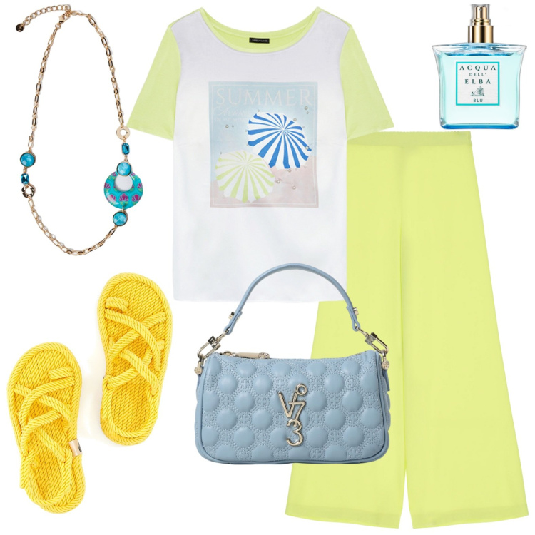 Outfit donna - Total look #1941837. Stile Casual per Tutti i giorni. Abbinamento con profumi, pantaloni a palazzo, t-shirt, ciondoli, sandali, borse a mano.