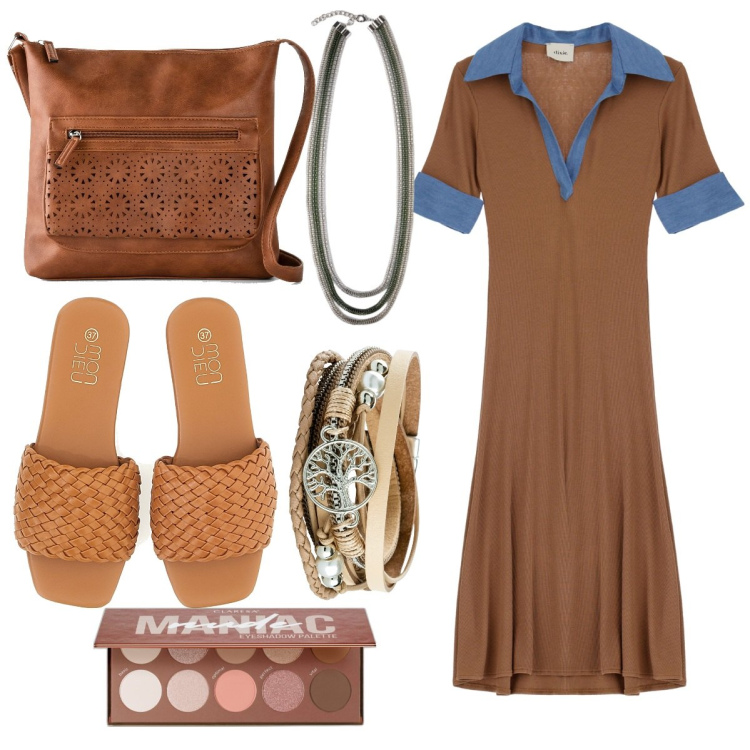 Outfit donna - Tempo Libero e Lavoro. Stile 70s per Tutti i giorni. Abbinamento con braccialetti, borse a tracolla, ombretti, vestiti midi/longuette, collane, ciabatte.