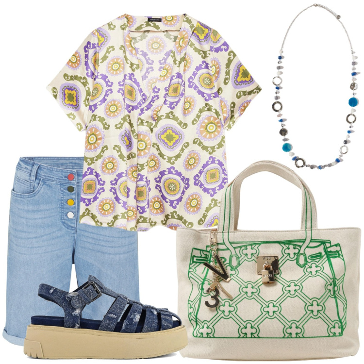 Outfit donna - Estate in campagna. Stile Boho per Tutti i giorni. Abbinamento con bermuda, sandali, borse tote, bluse, ciondoli.
