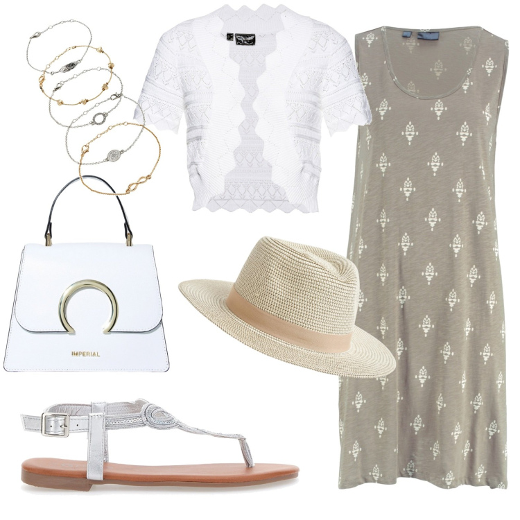 Outfit donna - Total look #1941852. Stile Casual chic per Tutti i giorni. Abbinamento con braccialetti con ciondoli, vestiti senza maniche, blazer, cappelli, borse a spalla, sandali gioiello.