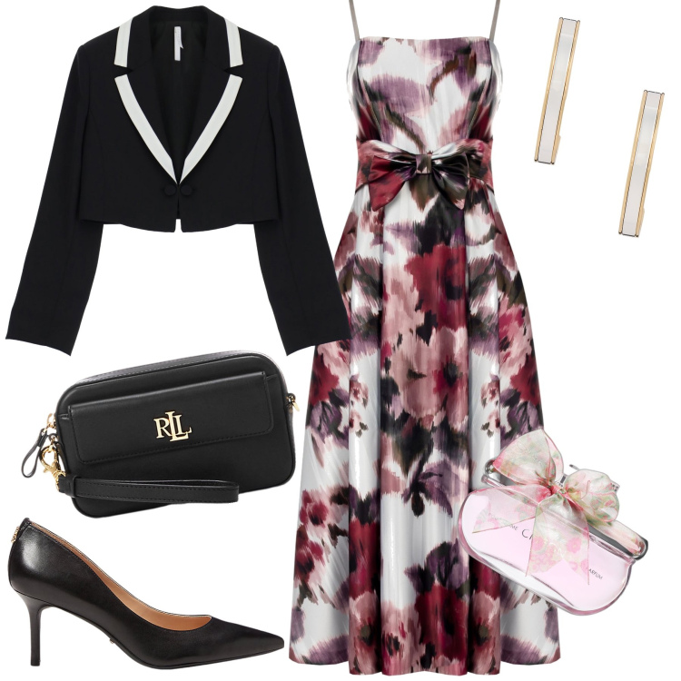 Outfit donna - W i fiori. Stile Chic per Cerimonia. Abbinamento con profumi, vestiti midi/longuette, blazer, pochette, décolleté, orecchini.