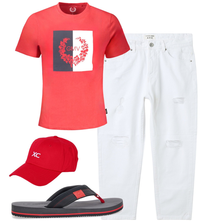 Outfit uomo - Agosto. Stile Casual per Tutti i giorni. Abbinamento con jeans strappati, sandali, cappelli, t-shirt.