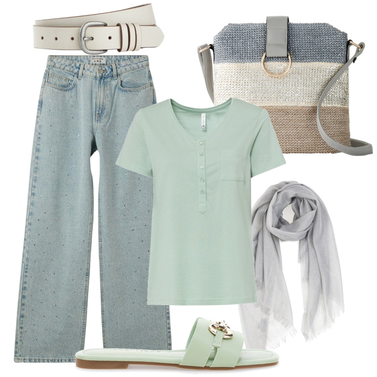 Outfit donna - I jeans con gli strass e le ciabattine. Stile Trendy per Tutti i giorni. Abbinamento con borse a tracolla, t-shirt, cinture, jeans, ciabatte, foulard.