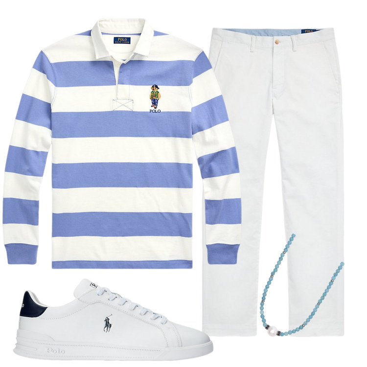 Outfit uomo - Righe. Stile Casual per Ufficio. Abbinamento con collane, pantaloni, sneakers, maglieria.