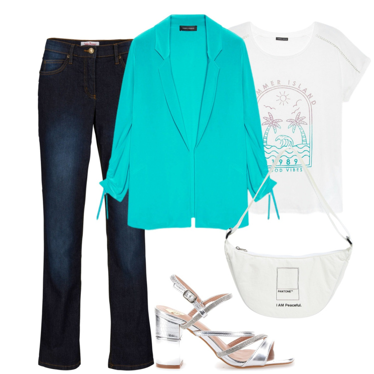 Outfit donna - A cena. Stile Casual chic per Serata fuori. Abbinamento con jeans dritti, marsupi, sandali col tacco, blazer, t-shirt.