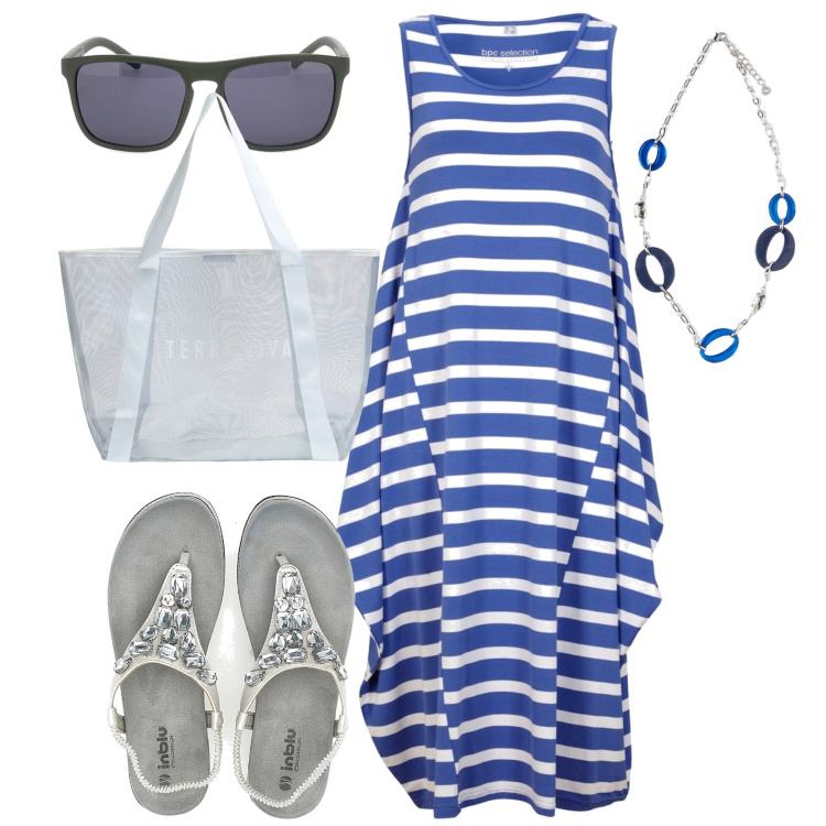 Outfit donna - Al mare. Stile Casual chic per Mare. Abbinamento con vestiti midi/longuette, shopping bag, ciondoli, sandali gioiello, occhiali da sole.