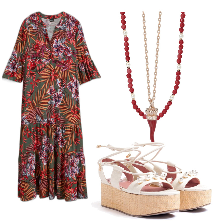 Outfit donna - Total look #1941911. Stile Etnico per Mare. Abbinamento con vestiti lunghi, collane, collane, sandali col tacco.