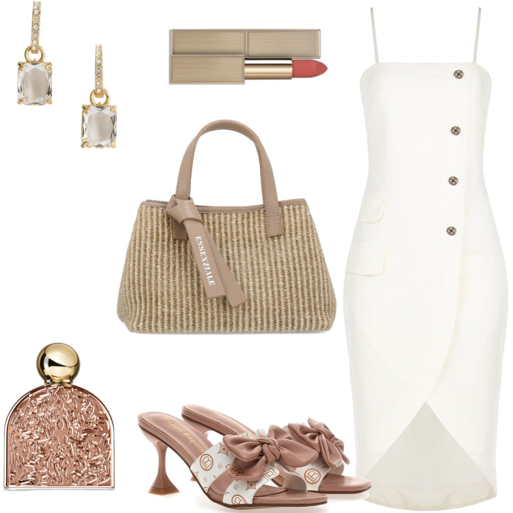 Outfit donna - Total look #1941914. Stile Chic per Ufficio. Abbinamento con profumi, rossetti, vestiti midi/longuette, orecchini, ciabatte, borse a mano.