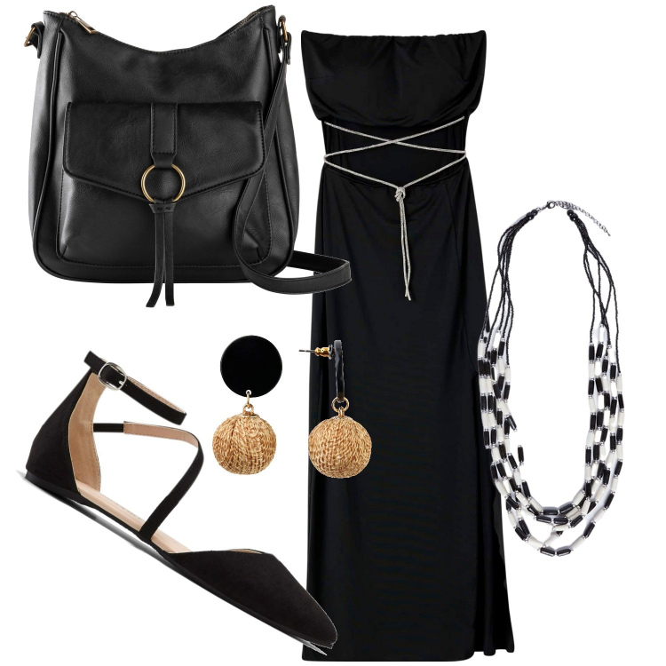 Outfit donna - Bellissima in nero e stringhe. Stile Boho per Serata fuori. Abbinamento con orecchini, borse a tracolla, ballerine, vestiti lunghi, collane.