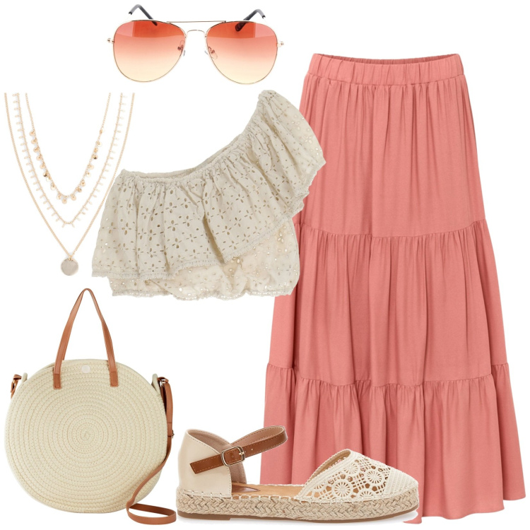 Outfit donna - Total look #1941935. Stile Boho per Tutti i giorni. Abbinamento con gonne longuette, collane, borse a tracolla, top, occhiali da sole, espadrillas.