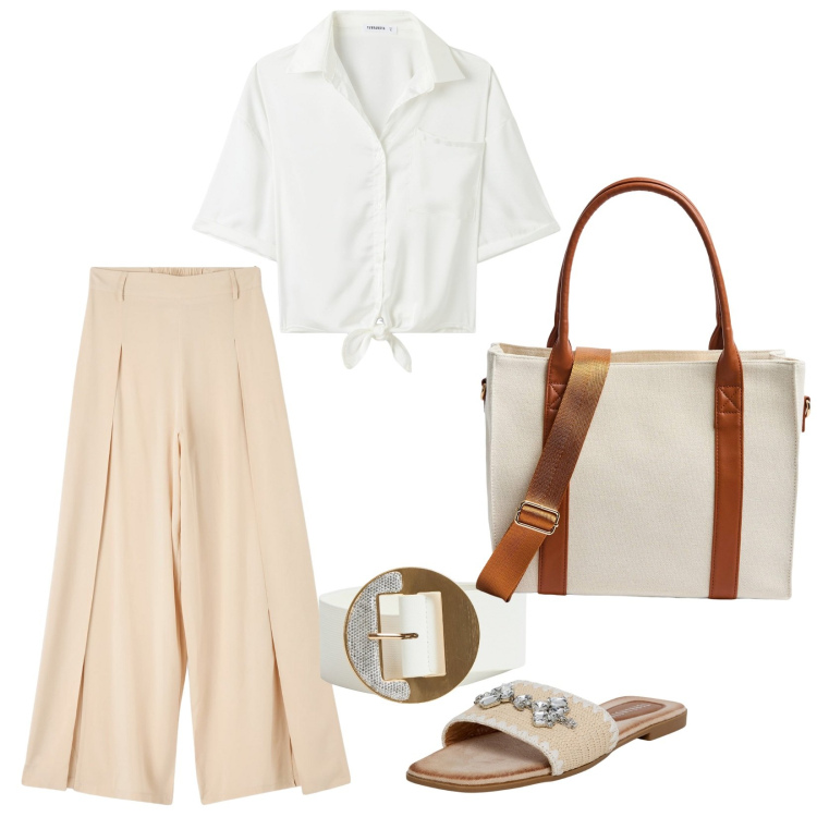 Outfit donna - In ufficio con Terranova. Stile Casual per Ufficio. Abbinamento con ciabatte, shopping bag, pantaloni, cinture, camicie a manica corta.