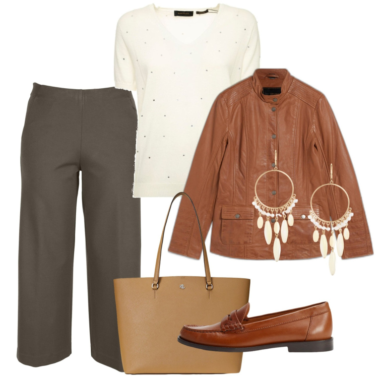 Outfit donna - Prepararsi all\'autunno. Stile Bon Ton per Tutti i giorni. Abbinamento con blazer, mocassini, orecchini, borse tote, pantaloni, t-shirt.