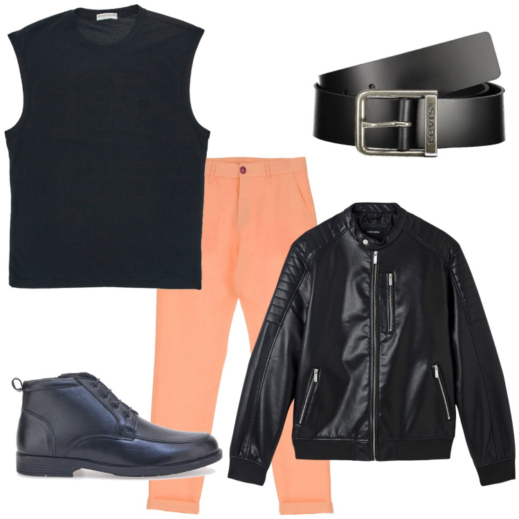 Outfit uomo - Sere d\'estate. Stile Casual per Tutti i giorni. Abbinamento con giacche, pantaloni, scarpe stringate, cinture, t-shirt.