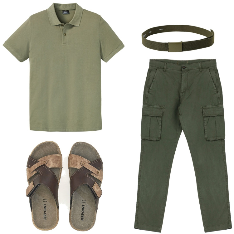 Outfit uomo - I cargo verdi. Stile Casual per Tutti i giorni. Abbinamento con polo, pantaloni cargo, cinture, sandali.