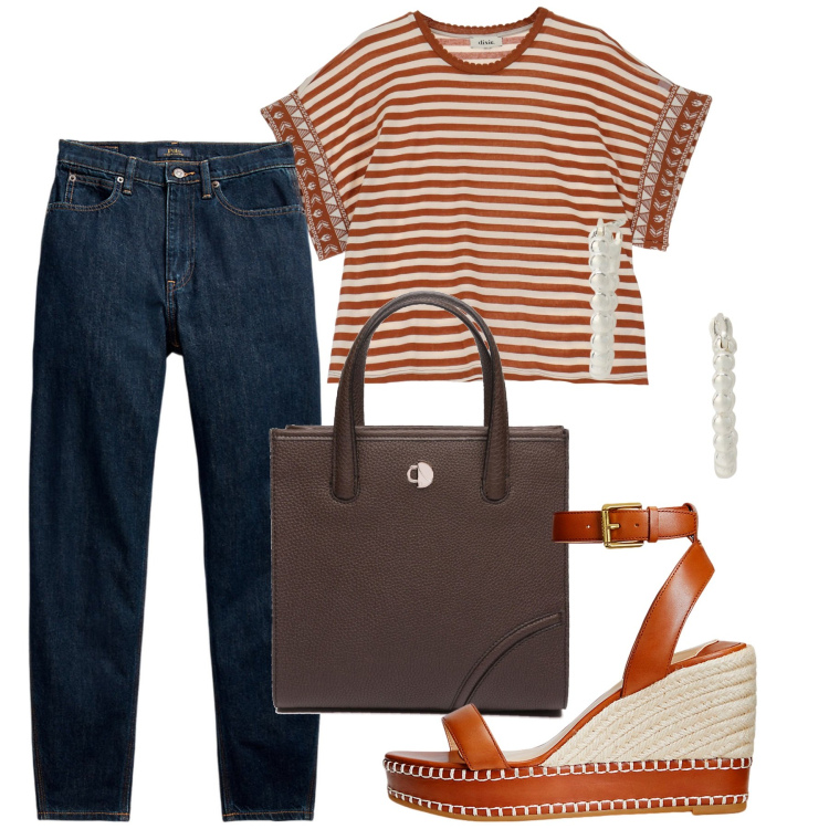 Outfit donna - Tutti i giorni. Stile Casual chic per Tutti i giorni. Abbinamento con orecchini, espadrillas, jeans, t-shirt, shopping bag.