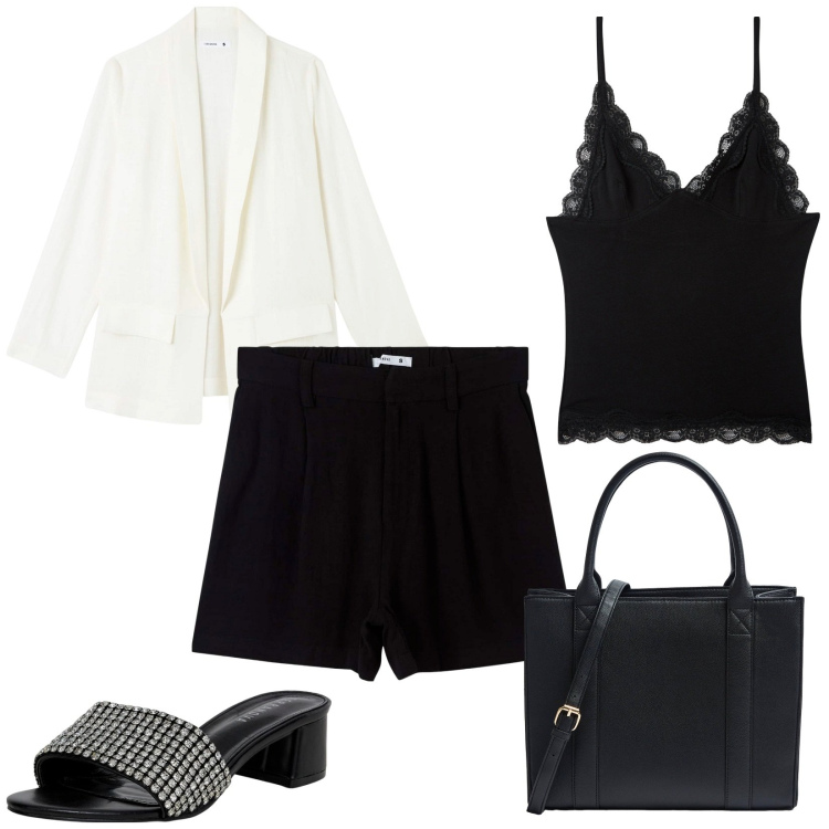 Outfit donna - Back to office. Stile Casual chic per Ufficio. Abbinamento con bermuda, top, shopping bag, ciabatte, blazer.