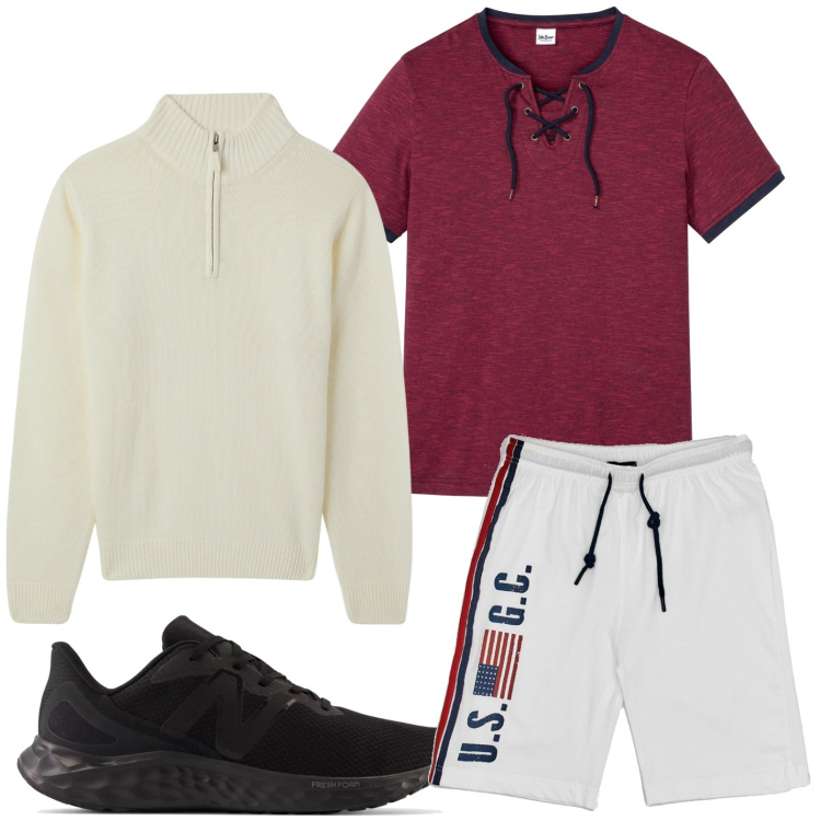 Outfit uomo - Skate al parco. Stile Casual per Tutti i giorni. Abbinamento con t-shirt, maglieria, sneakers, pantaloncini sportivi.