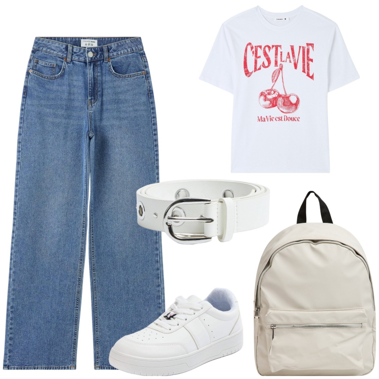 Outfit donna - A scuola!. Stile Minimal per Scuola/Università. Abbinamento con jeans, t-shirt, sneakers, zaini, cinture.