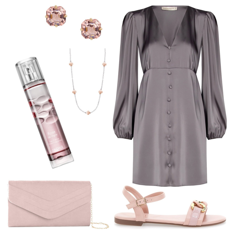 Outfit donna - Cena fuori con i suoceri. Stile Bon Ton per Serata fuori. Abbinamento con pochette, profumi, collane, vestiti, orecchini, sandali.