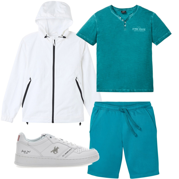 Outfit uomo - Un azzurro in campo. Stile Casual per Tutti i giorni. Abbinamento con bermuda, t-shirt, giacche, sneakers.