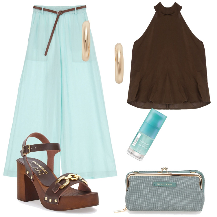 Outfit donna - Al concerto sul lungomare. Stile Glamour per Serata fuori. Abbinamento con primer, pantaloni a palazzo, orecchini, canottiere, zoccoli, pochette.