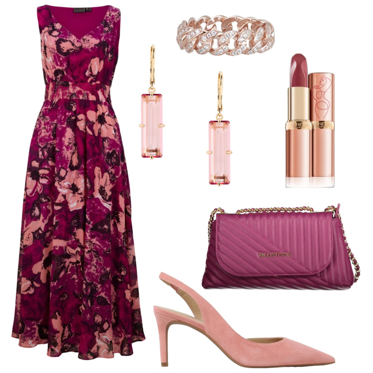 Outfit donna - Cerimonia: l’abito vintage in chiffon. Stile Vintage retrò per Cerimonia. Abbinamento con vestiti lunghi, rossetti, anelli, orecchini, scarpe col tacco, borse a tracolla.