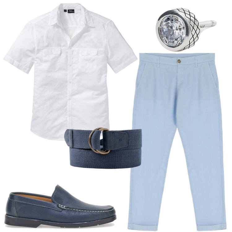 Outfit uomo - Trendy forever. Stile Casual per Tutti i giorni. Abbinamento con camicie a manica corta, orecchini, pantaloni, cinture, scarpe stringate.