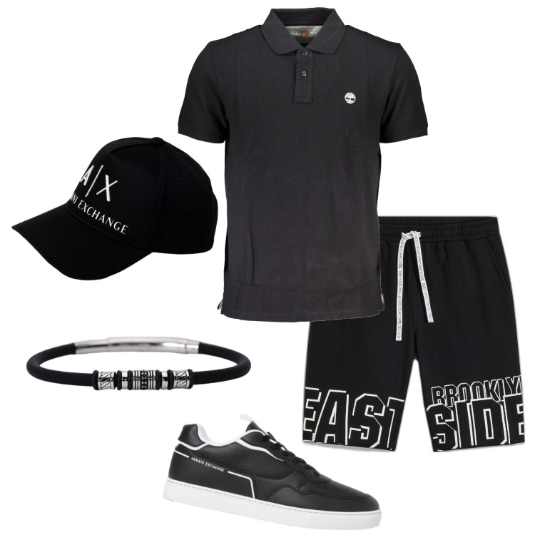 Outfit uomo - Black. Stile Casual per Tutti i giorni. Abbinamento con bermuda, braccialetti, polo, sneakers, cappelli.