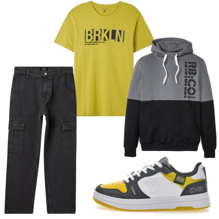 Outfit uomo - T-shirt e felpa. Stile Casual per Tutti i giorni. Abbinamento con felpe con cappuccio, t-shirt, pantaloni cargo, sneakers.