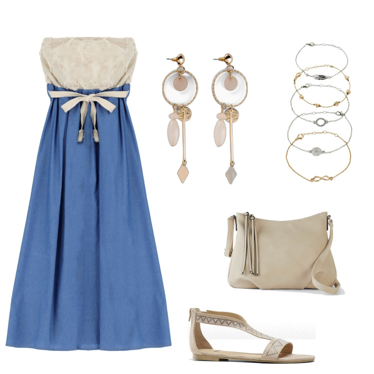Outfit donna - Boho panna e azzurro. Stile Boho per Tutti i giorni. Abbinamento con braccialetti con ciondoli, orecchini, sandali, borse a tracolla, vestiti lunghi.
