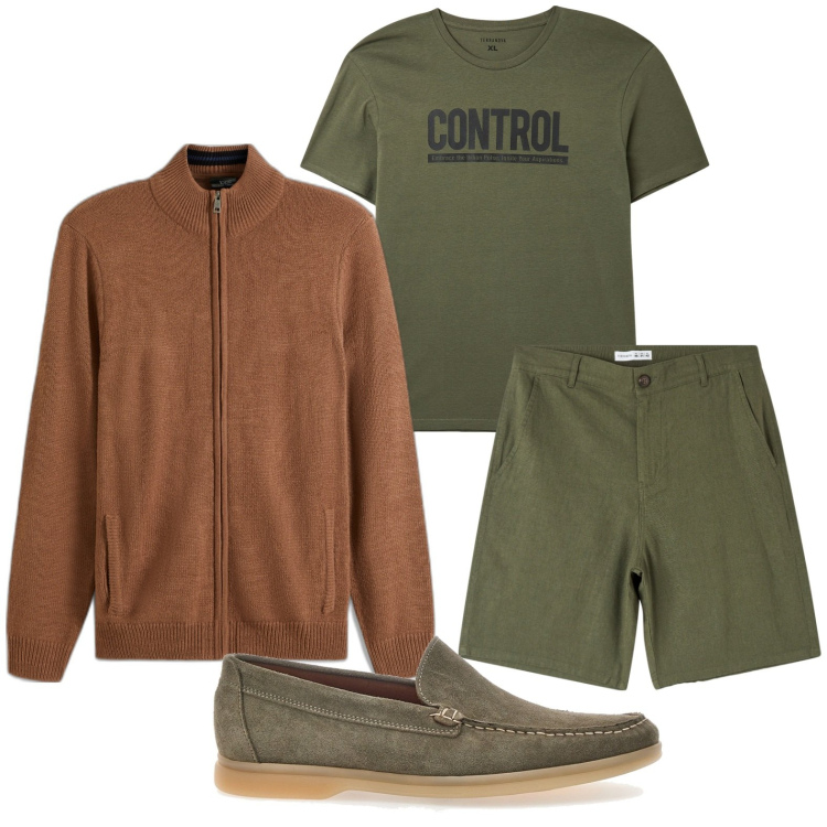 Outfit uomo - Green man. Stile Casual per Tutti i giorni. Abbinamento con cardigans, t-shirt, shorts, scarpe stringate.