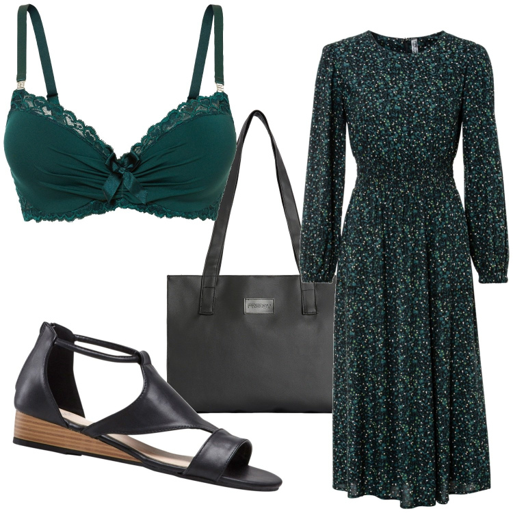 Outfit donna - Il reggiseno must have. Stile Boho per Serata fuori. Abbinamento con vestiti midi/longuette, sandali, reggiseni, shopping bag.