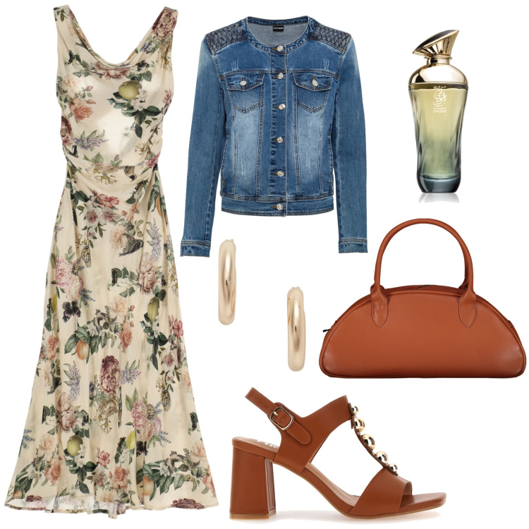 Outfit donna - Primo aperitivo in città. Stile Trendy per Serata fuori. Abbinamento con blazer, profumi, vestiti lunghi, orecchini, sandali, borse a spalla.