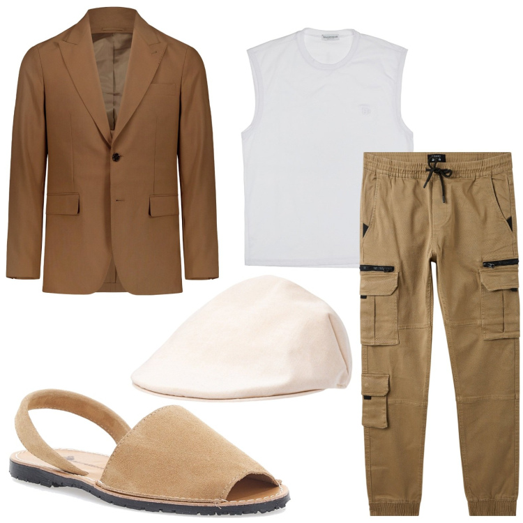 Outfit uomo - Tonalità brown. Stile Casual per Tutti i giorni. Abbinamento con pantaloni cargo, cappelli e berretti, sandali, abiti, t-shirt.