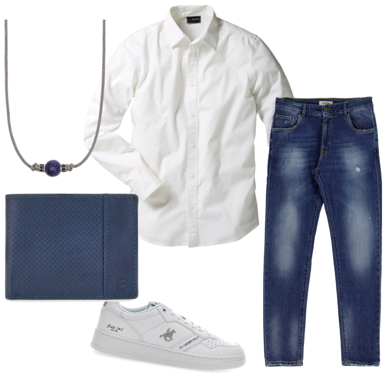 Outfit uomo - Jeans e camicia bianca. Stile Trendy per Serata speciale. Abbinamento con camicie, collane, jeans slim fit, sneakers, portafogli.