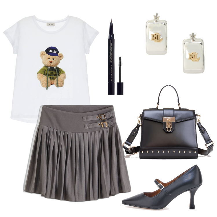 Outfit donna - Total look #1942034. Stile Casual chic per Tutti i giorni. Abbinamento con gonne, eyeliner, borse tote, t-shirt, orecchini, décolleté.