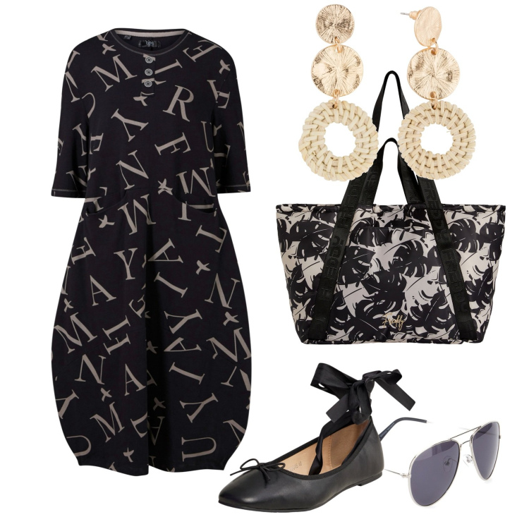 Outfit donna - Total look #1942039. Stile Boho per Tutti i giorni. Abbinamento con orecchini, vestiti midi/longuette, ballerine, shopping bag, occhiali da sole.